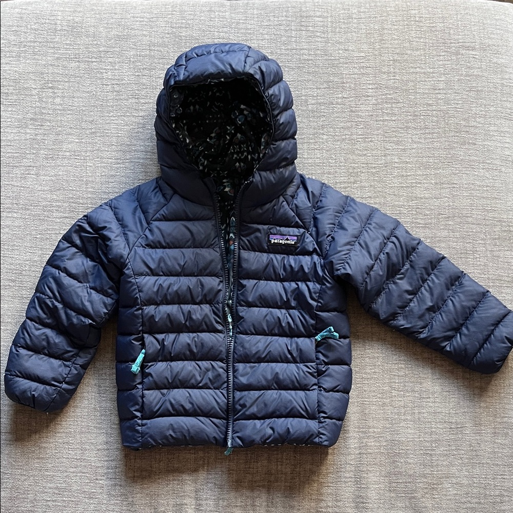 Patagonia Navy Blue Reversible Down Kids Hooded Quilted Jacket